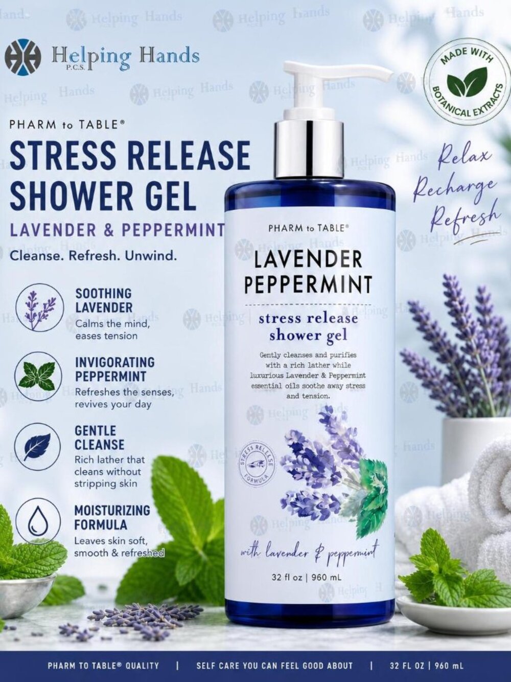 Pharm to Table Stress Release/Lavender & Peppermint Shower Gel Body Wash 32oz
